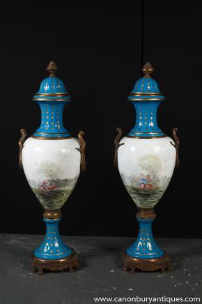 Pair Architectural Sevres Porcelain Urns Cyan Vases